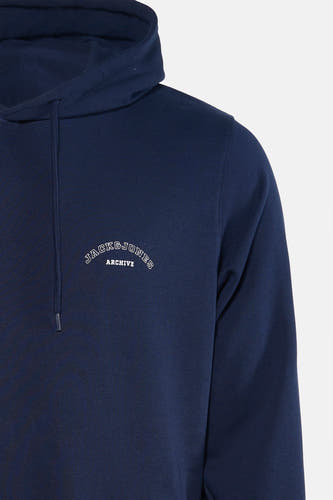 Pull-over bleu avec capuche d'ORIGINALS BY JACK & JONES, avec cordon de serrage et logo sur la poitrine.