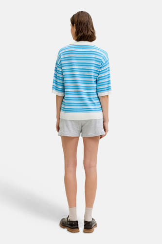 Blauwe trui van JJXX met witte strepen, gedragen met grijze shorts en bruine schoenen vanaf de achterkant gezien.
