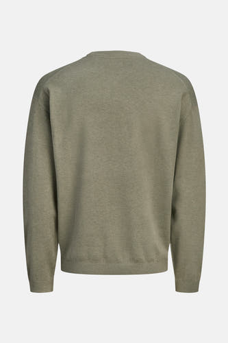 Khaki trui met ronde hals van ORIGINALS BY JACK & JONES, achterkant weergegeven, met lange mouwen en fijne gebreide textuur.