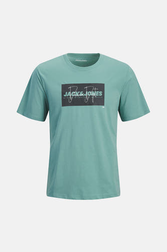 T-shirt bleu à manches courtes de CORE by JACK & JONES, avec une impression graphique rectangulaire sur la poitrine.
