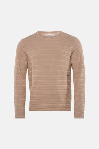 Beige ronde hals trui van PREMIUM by JACK & JONES, met een subtiel horizontaal ribbelpatroon over de gehele trui.