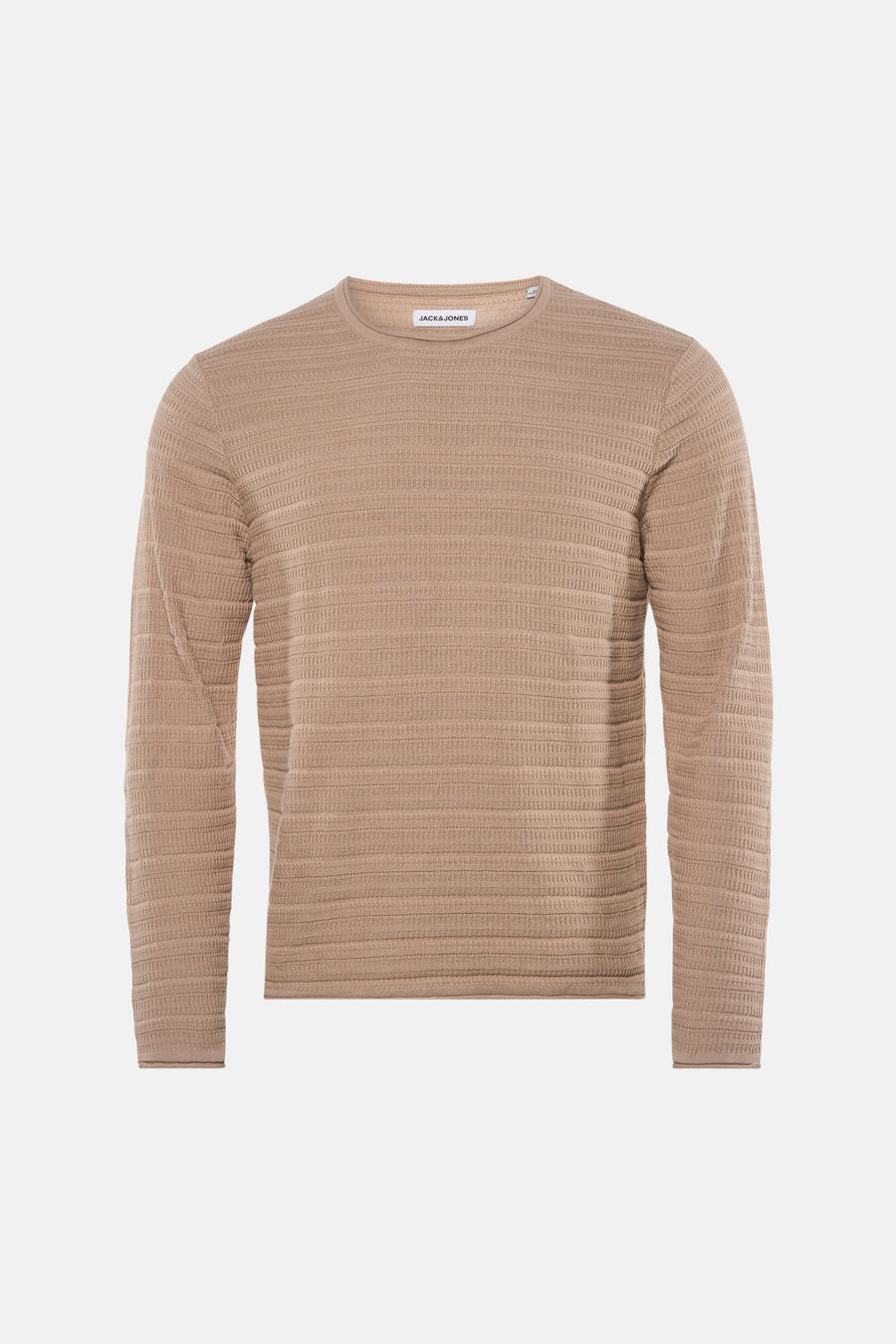 Beige ronde hals trui van PREMIUM by JACK & JONES, met een subtiel horizontaal ribbelpatroon over de gehele trui.