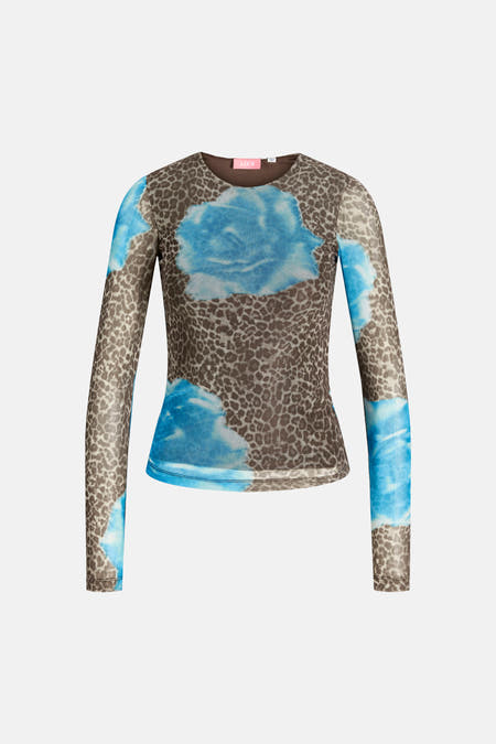 T-shirt multicolore à manches longues JJXX, avec un imprimé animal et des détails tie-dye bleus.