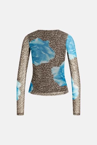 T-shirt multicolore à manches longues JJXX, avec un imprimé léopard et des motifs floraux bleus.