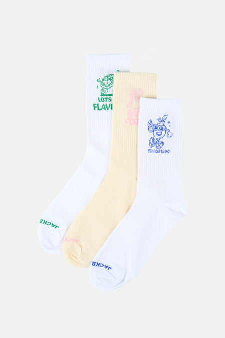 Drie veelkleurige sokken van ACCESSORIES BY JACK & JONES met diverse cartoonprints en teksten.