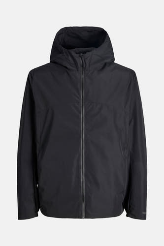 Manteau court noir de CORE BY JACK & JONES avec capuche et fermeture éclair devant.