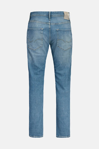 Blauwe tapered jeans van denim door JACK & JONES, met achterzakken en een merklabel op de tailleband.