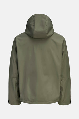 Groene, korte jas van CORE BY JACK & JONES, achterkant weergegeven met capuchon en lange mouwen.