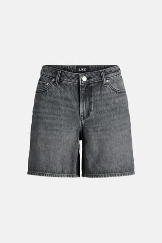 Donkergrijze denim short van JJXX met knoopsluiting, riemlussen en voorzakken met zilverkleurige klinknagels.