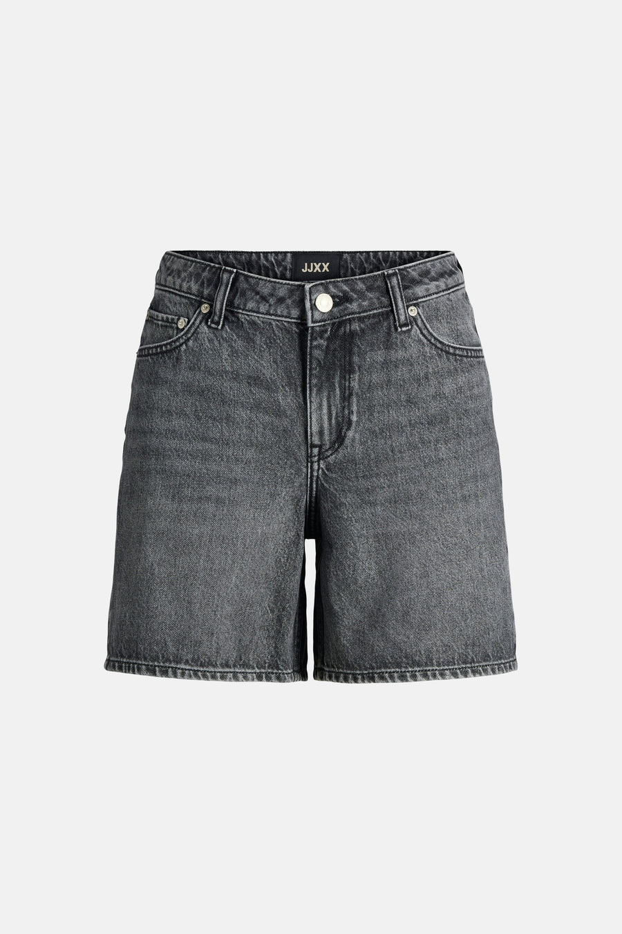 Donkergrijze denim short van JJXX met knoopsluiting, riemlussen en voorzakken met zilverkleurige klinknagels.