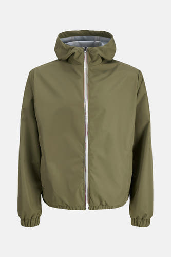 Veste courte verte d'ORIGINALS BY JACK & JONES, avec des fermetures éclair blanches à l'avant et un capuchon.