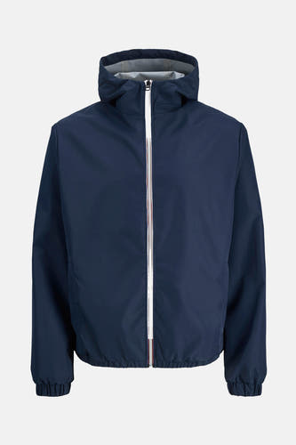 Blauwe, korte jas van ORIGINALS BY JACK & JONES, met capuchon en een witte ritssluiting aan de voorkant.
