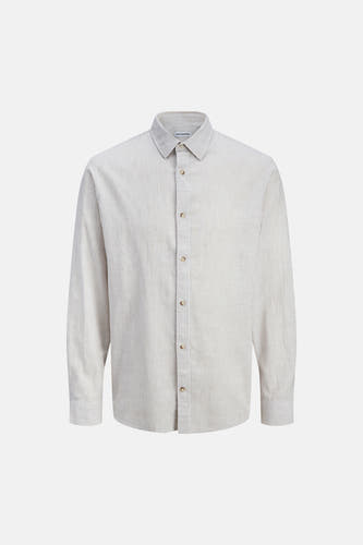 Beige overhemd van PREMIUM by JACK & JONES met lange mouwen en een subtiel gestreept patroon.