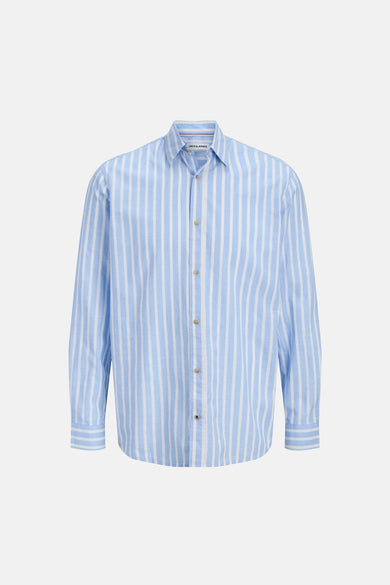 Chemise bleue à rayures à manches longues de ORIGINALS BY JACK & JONES, avec fermeture boutonnée et poignets.