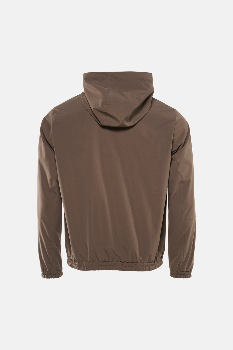 Bruine korte jas van ORIGINALS BY JACK & JONES, met capuchon en elastische zoom, op een witte achtergrond.