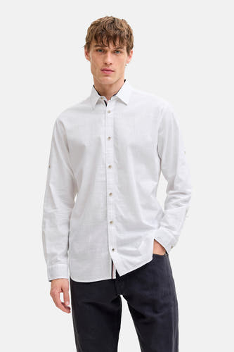Wit overhemd met lange mouwen van PREMIUM by JACK & JONES, met knoopsluiting en zwarte details aan de binnenkant van de kraag.