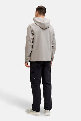 Grijs CORE BY JACK & JONES gilet, gezien van achteren, met een capuchon en zwarte cargo broek.