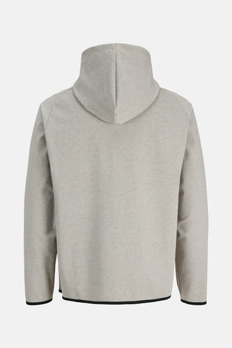 Grijs gilet van CORE BY JACK & JONES, achteraanzicht met capuchon en zwarte rand aan de onderkant.