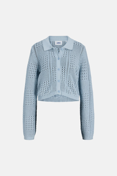 Blauw gebreid vest van JJXX, met een polokraag en knoopsluiting, in een open ajour breisel.