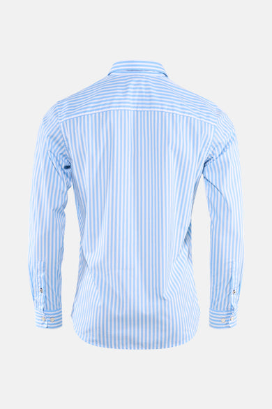 Blauw gestreept overhemd met lange mouwen van PREMIUM by JACK & JONES, gezien vanaf de achterkant, met manchetten.