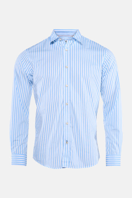 Blauw gestreept overhemd met lange mouwen van PREMIUM by JACK & JONES, met knoopsluiting.
