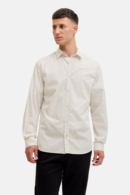 Beige overhemd met lange mouwen van PREMIUM by JACK & JONES, met een subtiel all-over patroon.