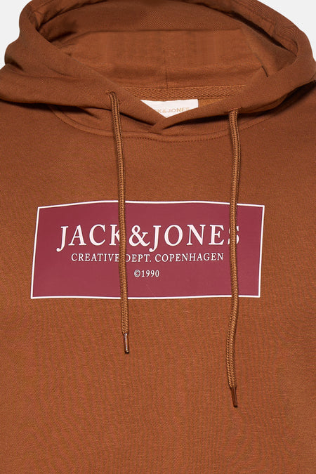 Bruine sweater met kap van ORIGINALS BY JACK & JONES, met trekkoord en een rechthoekige print op de borst.