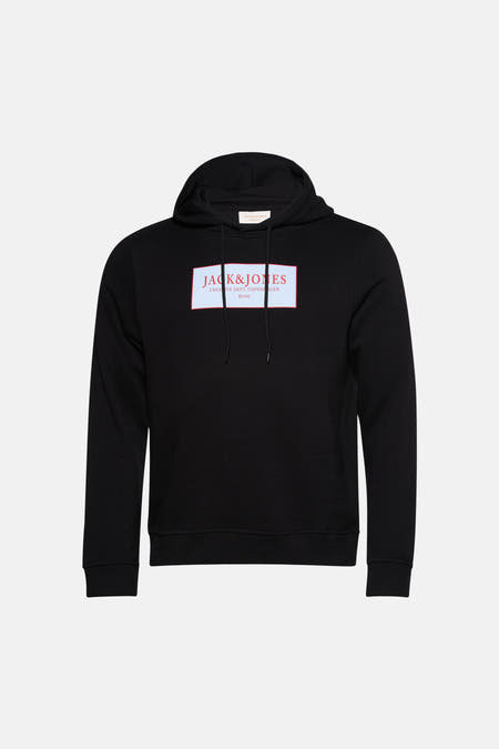Zwarte sweater met kap van ORIGINALS BY JACK & JONES, met een rechthoekig logo op de borst.