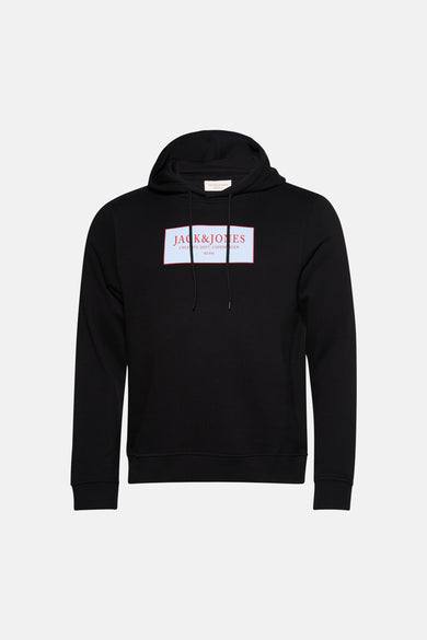 Sweatshirt noir à capuche de ORIGINALS BY JACK & JONES, avec un logo rectangulaire sur la poitrine.
