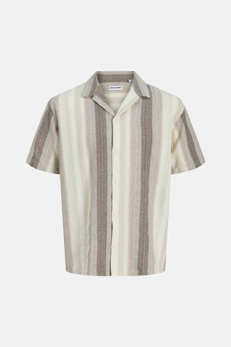 Beige overhemd met korte mouwen van ORIGINALS BY JACK & JONES, met een gestreept patroon en knoopsluiting.