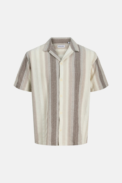Beige overhemd met korte mouwen van ORIGINALS BY JACK & JONES, met een gestreept patroon en knoopsluiting.