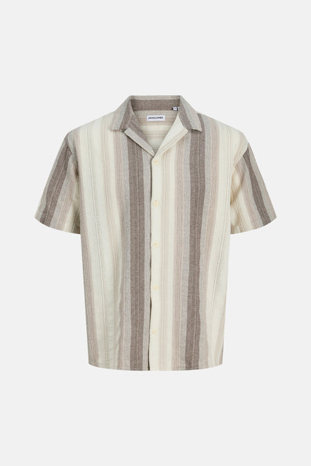 Beige overhemd met korte mouwen van ORIGINALS BY JACK & JONES, met een gestreept patroon en knoopsluiting.