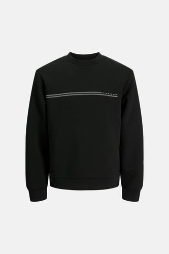 Sweat-shirt noir de CORE BY JACK & JONES, avec double rayure grise et nom de la marque sur la poitrine.