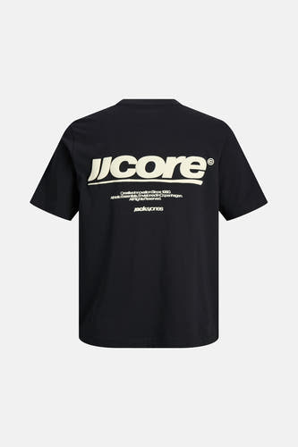 Zwart T-shirt met korte mouwen van CORE BY JACK & JONES, met witte logo-opdruk op de rug.

