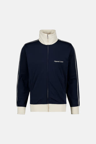 Blauw vest van ORIGINALS BY JACK & JONES met witte strepen langs de mouwen en een beige kraag en zoom.
