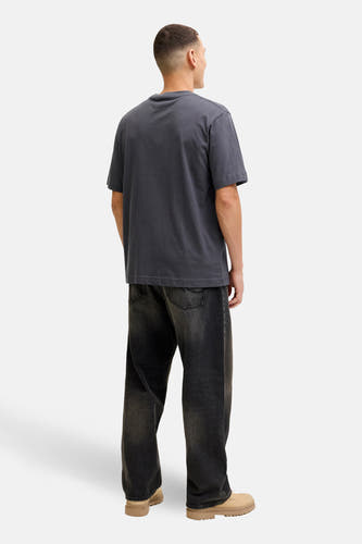 Grijs T-shirt met korte mouwen van CORE BY JACK & JONES, gezien van achteren, gecombineerd met zwarte jeans en bruine schoenen.