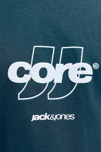 Blauw T-shirt met korte mouwen van CORE BY JACK & JONES, met witte opdruk van merknaam en logo.