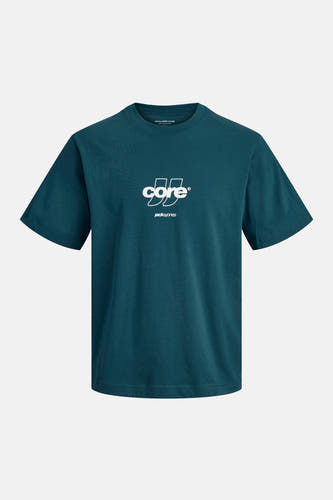 Blauw T-shirt met korte mouwen van CORE by JACK & JONES, met een witte print op de borst.