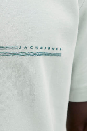 Groene korte mouw t-shirt van CORE BY JACK & JONES met subtiel logo en gestippelde strepen, close-up op borst.