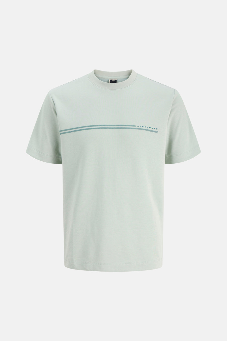 Lichtgroene korte mouwen T-shirt van CORE BY JACK & JONES met horizontale streep en logo op borst, voorzijde weergave