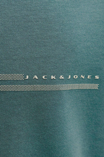 Groen T-shirt met korte mouwen van CORE by JACK & JONES, met een logo en decoratieve strepen.

