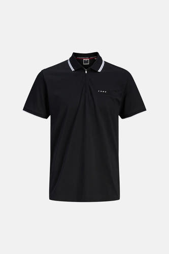 Zwarte polo van CORE BY JACK & JONES met korte mouwen, gestreepte kraag, ritsluiting en 'CORE' op de borst.