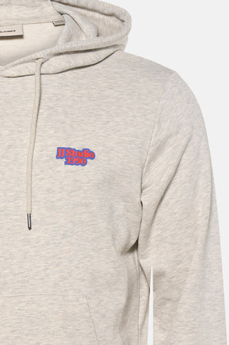 Sweat à capuche gris de CORE by JACK & JONES, avec cordon de serrage et petit imprimé sur la poitrine.