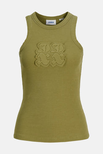 T-shirt vert de JJXX avec structure en côtes et un détail décoratif carré sur la poitrine.