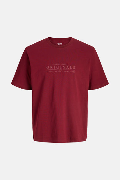 T-shirt à manches courtes Bordeaux de ORIGINALS by JACK & JONES, avec imprimé texte sur la poitrine.