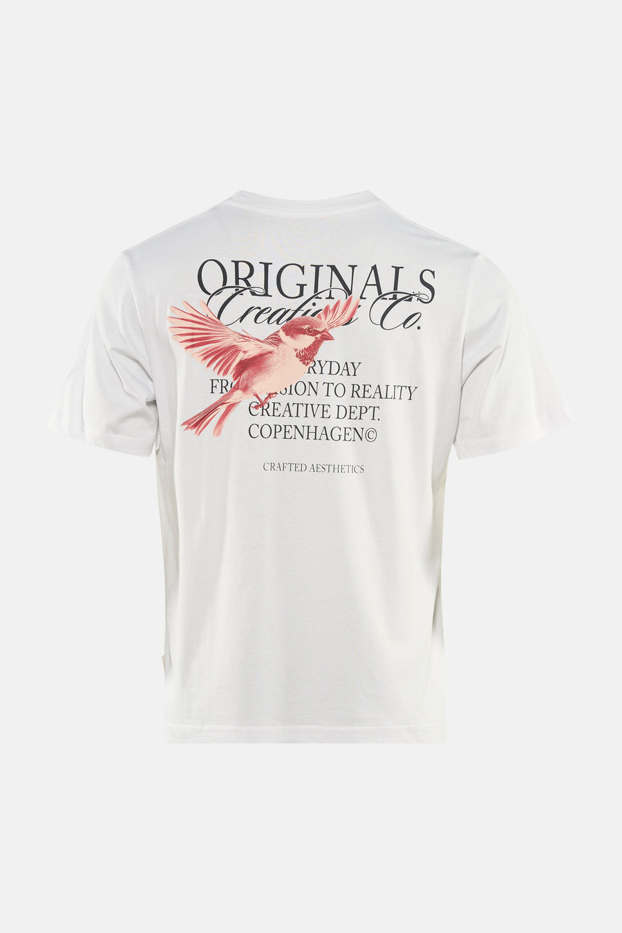 Wit T-shirt met korte mouwen van ORIGINALS BY JACK & JONES, met print van een vogel en tekst op de rug.