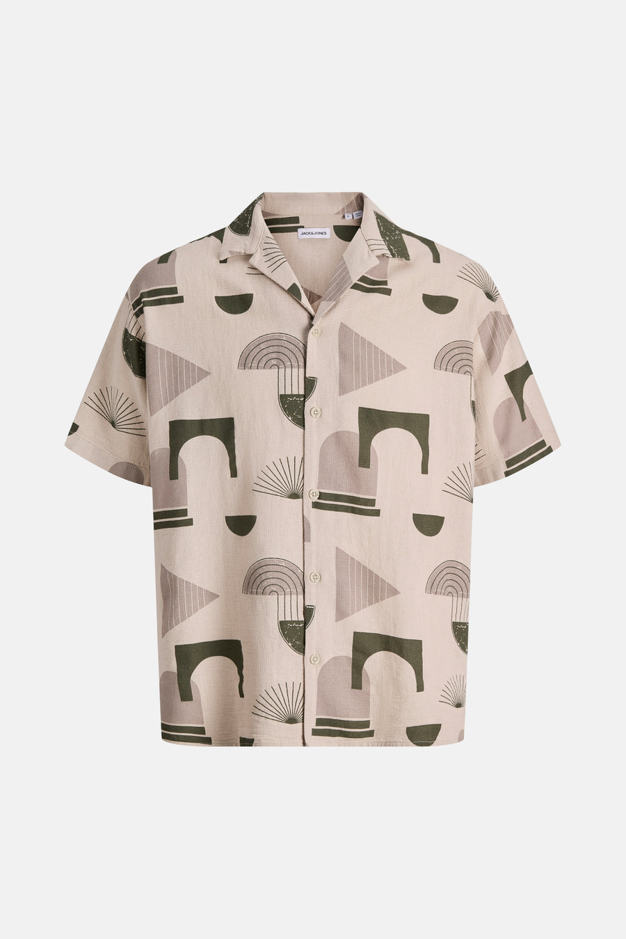 Chemise multicolore à manches courtes de PREMIUM by JACK & JONES, avec motif géométrique dans des tons marron et beige.