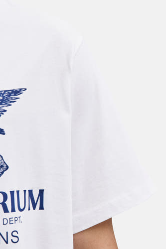 T-shirt blanc à manches courtes d'ORIGINALS BY JACK & JONES, avec une impression bleue sur l'avant.
