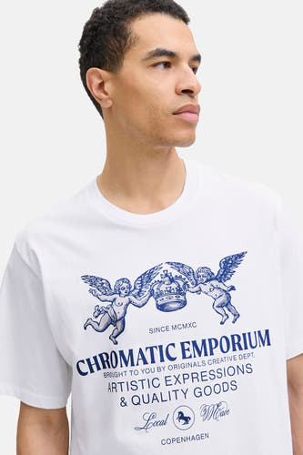 T-shirt blanc à manches courtes d'ORIGINALS BY JACK & JONES, avec imprimé d'anges bleus et texte.