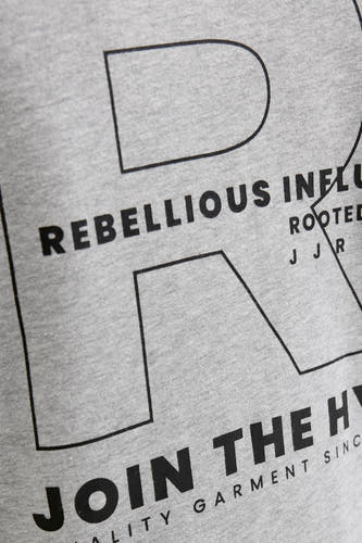 Grijze sweater van JJREBEL, met een opvallende print van de letter "R" en de tekst "REBELLIOUS INFLUENCE".